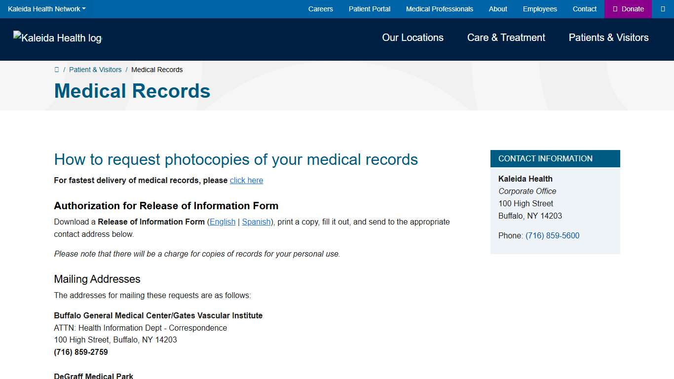 Medical Records Kaleida Health Buffalo, New York
